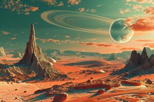 An alien landscape with a planet and other objects photo