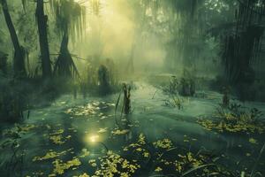 A swamp with water and plants in the middle photo