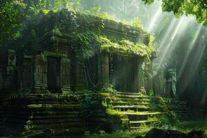 An ancient temple in the jungle with sunlight shining through the trees photo