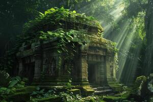 An ancient temple in the jungle with sunlight shining through the trees photo