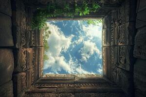 An ancient window with a view of the sky photo