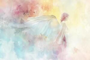 An angel is standing in front of a colorful background photo