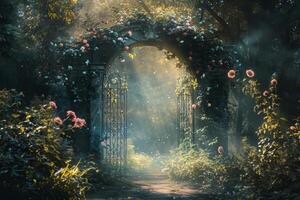 A beautiful garden with an archway and flowers photo