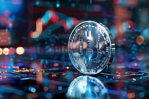 Bitcoin on the table with lights and city background photo