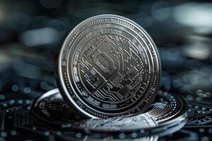 Bitcoin coin on a circuit board with a blurry background photo