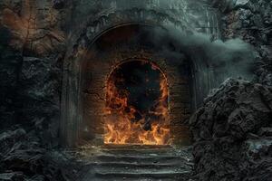 An image of a door with fire coming out of it photo