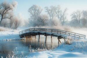 Bridge over a frozen river in winter photo