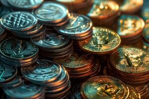 A pile of coins with the words bitcoin on them photo