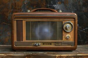 An old fashioned radio sitting on a wooden table photo