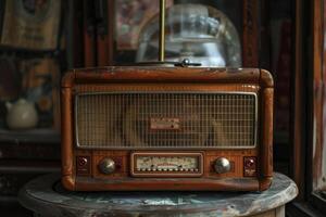 An old radio sitting on top of a table photo