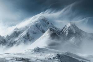 A mountain range is covered in snow and fog photo