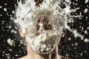 A man is splashing milk on his face photo