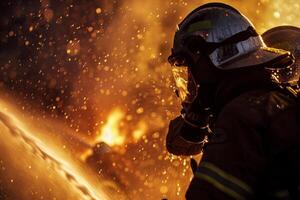 A firefighter is standing in front of a fire photo