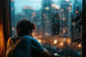 A man sitting in front of a window looking out at the rain photo