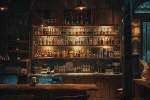 A bar with a lot of bottles on the shelves photo