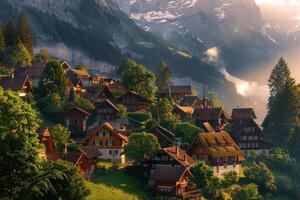 A village in the mountains with a mountain range in the background photo