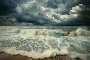 Stormy sea and waves on the beach with dark clouds photo