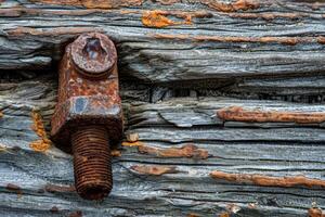 A rusty bolt is sitting on a wooden surface photo