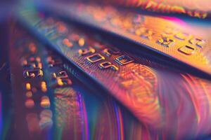 A stack of credit cards with a colorful background photo