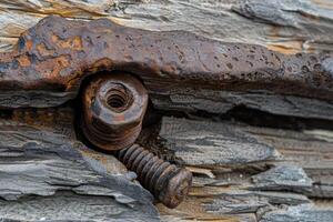 A bolt and nut on a piece of wood photo