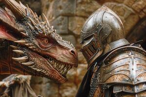 A man in a knight's armor stands in front of a dragon photo