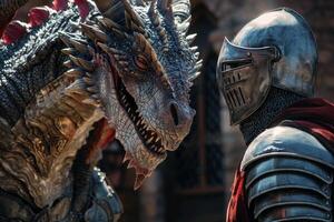 A dragon and a knight are standing in front of a castle photo