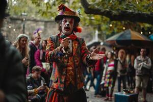 A clown is standing in front of a crowd of people photo
