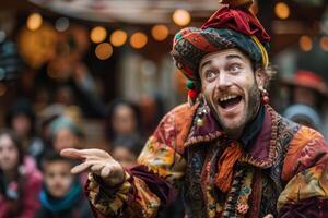 A man in a colorful costume is smiling and pointing at something photo