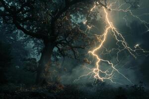 Lightning strikes through a tree in the dark forest photo