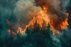 A forest fire is burning in the middle of a forest photo