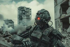 A robot stands in front of a destroyed building photo