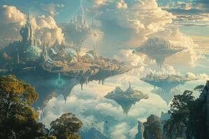 An artistic fantasy city with floating islands and clouds photo