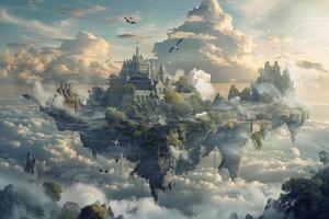An island floating in the clouds with a castle on top photo