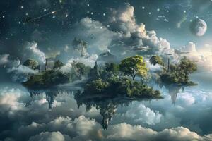 An island floating in the sky with trees and clouds photo