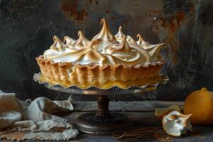 A lemon meringue pie on a cake stand photo