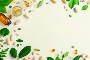 A variety of vitamins and supplements are arranged around a white background photo