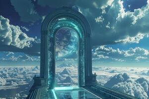 A futuristic looking gate in the sky with clouds photo
