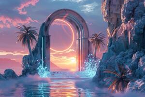 A fantasy scene with a gate in the water and palm trees photo