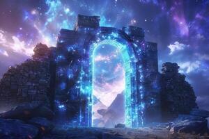 An image of a stone arch with a blue sky and stars photo