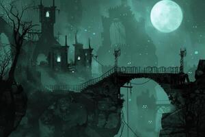 A dark fantasy city with a bridge and trees photo