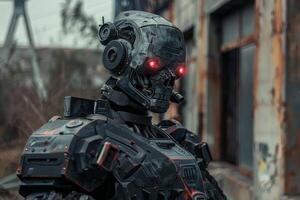 A robot with red eyes standing in front of a building photo