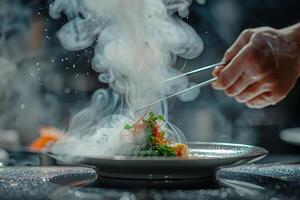 A person is holding chopsticks over a plate of food photo