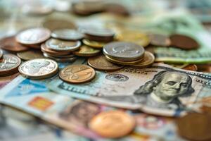 A pile of coins and currency is shown photo