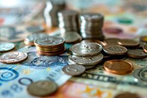 A pile of coins and money on a table photo