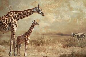 A mother giraffe and her baby are standing in a field photo