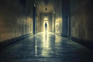 A person walking down a hallway with a light coming from the end photo