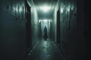 A person walking down a dark hallway with a light shining on them photo