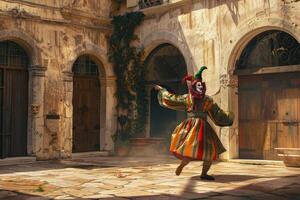 A man dressed in a clown costume is dancing in an old building photo