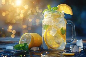 Lemonade in a jar with ice and lemon slices photo