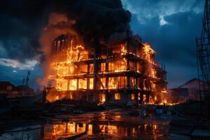 A large building is on fire with smoke coming out photo